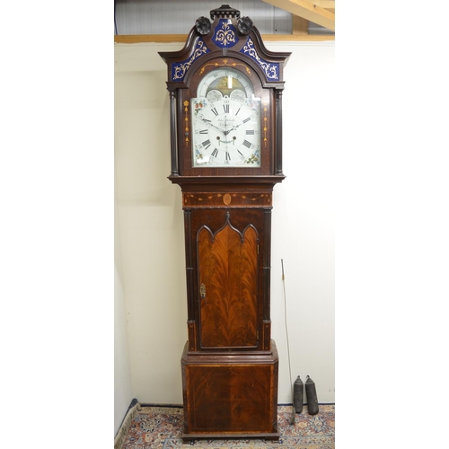 1246 - John Metcalf Liverpool - George 111 inlaid mahogany long case clock, signed arched painted 20in moon... 