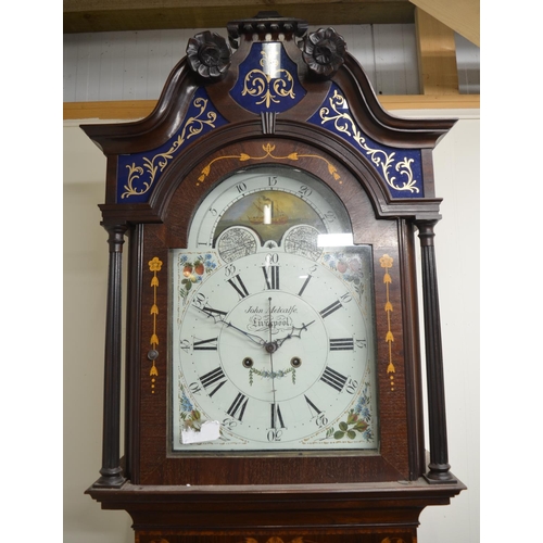 1246 - John Metcalf Liverpool - George 111 inlaid mahogany long case clock, signed arched painted 20in moon... 