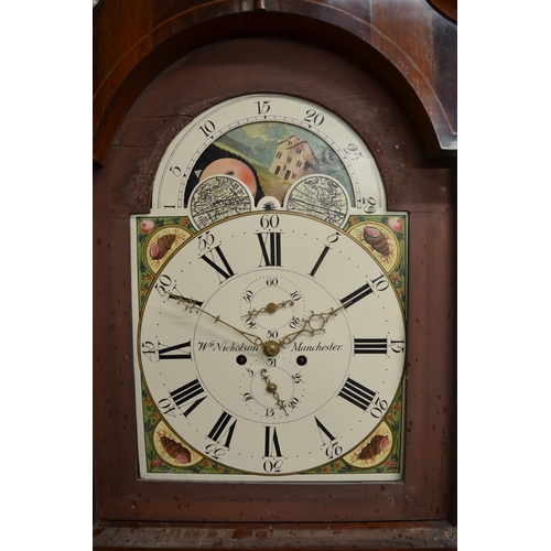 1251 - Wm. Nicholson Manchester - C19th mahogany long case clock, signed arched painted 20in moonphase Roma... 