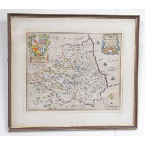 1333 - Richard Blome (1635-1705) 'A Mapp of Ye Bishoprick of Durham' framed engraved map with hand colourin... 