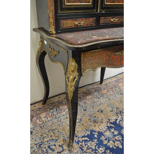 1402 - C19th French ebonised and gilt metal mounted red boulle serpentine side cabinet, with two shaped doo... 