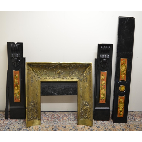 1424 - Victorian Aesthetic Movement marble fire surround, frieze and legs painted with garden flowers in sh... 