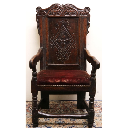 1400 - C17th oak wainscot arm chair, scroll and lozenge carved panel back with floral lunette carved serpen... 