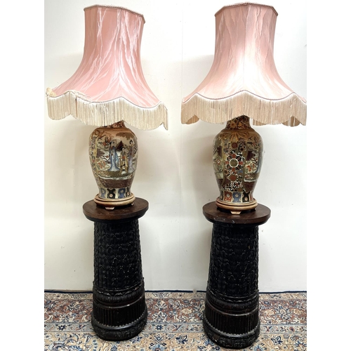 1108 - Pair of Satsuma style pottery baluster table lamps, decorated with figures, with watered silk patter... 