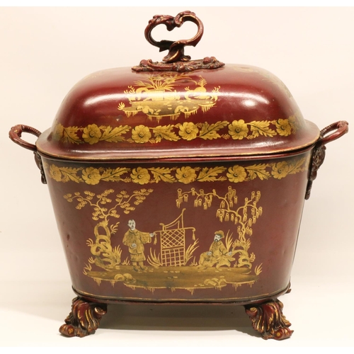 1147 - C19th Toleware oval coal box and cover later red Chinioserie decorated, with scroll cast feet and ha... 