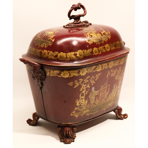 1147 - C19th Toleware oval coal box and cover later red Chinioserie decorated, with scroll cast feet and ha... 