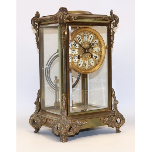 1265 - A & N Paris - C19th brass four glass mantle clock, the case with applied rococo mounts, pierced bras... 