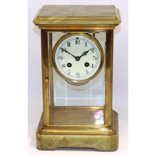 1267 - Japy Freres -  C20th French onyx and brass four glass mantle clock, plain brass case with bevelled g... 