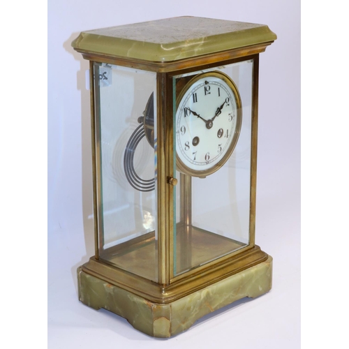 1267 - Japy Freres -  C20th French onyx and brass four glass mantle clock, plain brass case with bevelled g... 