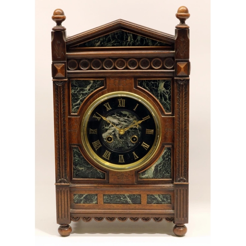 1279 - A. F - late C19th French walnut mantle clock, arched topped case with inset variegated marble panels... 