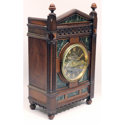 1279 - A. F - late C19th French walnut mantle clock, arched topped case with inset variegated marble panels... 