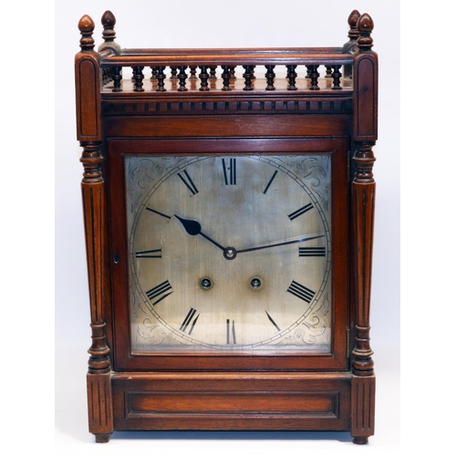 1262 - A. C - early C20th mahogany bracket clock, turned spindle gallery over dentil cornice and turned tap... 