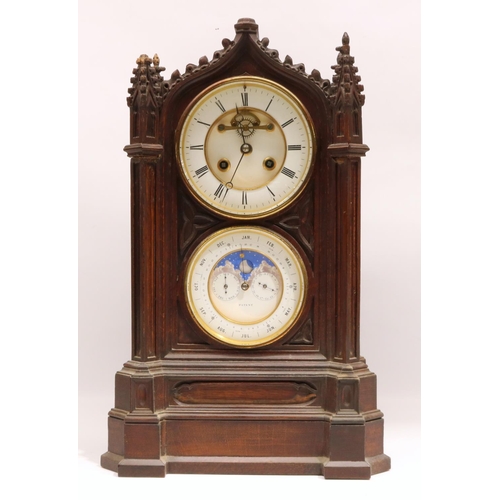 1253 - J. D. B. - late C19th French oak Gothic Revival mantle clock with Patent perpetual calendar, cathedr... 