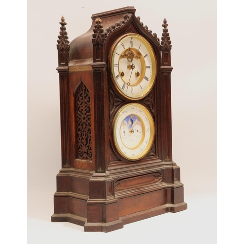 1253 - J. D. B. - late C19th French oak Gothic Revival mantle clock with Patent perpetual calendar, cathedr... 