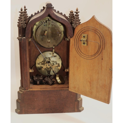 1253 - J. D. B. - late C19th French oak Gothic Revival mantle clock with Patent perpetual calendar, cathedr... 