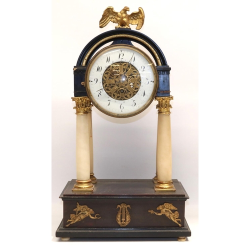 1269 - C19th French ebonised and alabaster portico clock, gilt eagle pediment over drum head supported by f... 