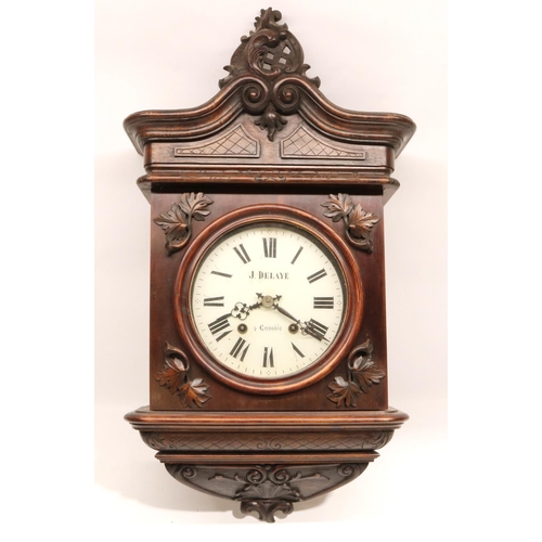 1278 - J. Delaye Grenoble - early C20th mahogany wall clock, carved scroll topped case with applied mouldin... 