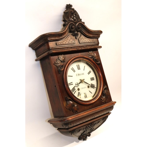 1278 - J. Delaye Grenoble - early C20th mahogany wall clock, carved scroll topped case with applied mouldin... 