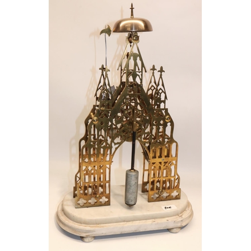 1249 - Victorian brass Cathedral style skeleton clock on stepped white marble base, the pierced frame of tr... 