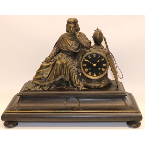 1272 - C19th French patinated brass and slate figural mantle clock, the Medieval Knight leaning against the... 