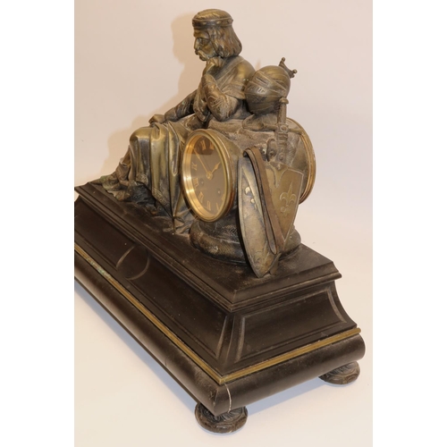 1272 - C19th French patinated brass and slate figural mantle clock, the Medieval Knight leaning against the... 