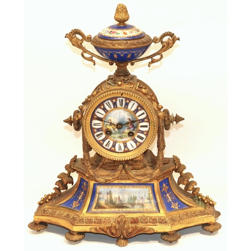 1270 - Japy Freres & Co. & H & F Paris - C19th French ormolu and porcelain mantle clock, urn finial, set wi... 