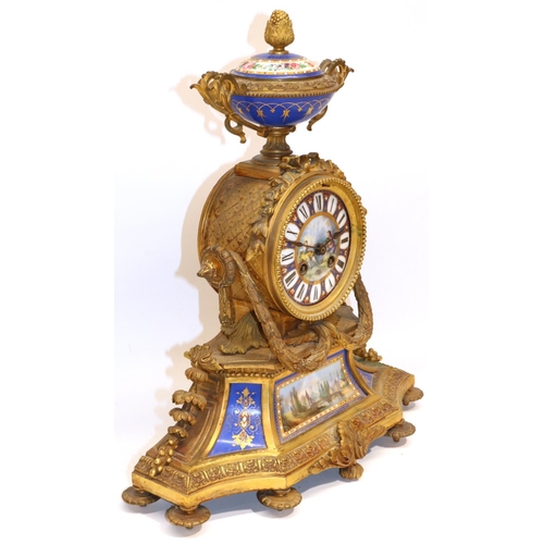 1270 - Japy Freres & Co. & H & F Paris - C19th French ormolu and porcelain mantle clock, urn finial, set wi... 