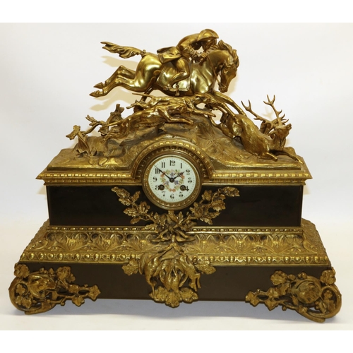 1255 - Vincenti et Cie - C19th French slate and brass mantle clock, the case surmounted with an C18th hunts... 