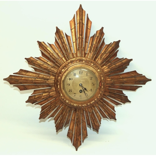 1276 - Japy Freres & Co. - C20th gilt wood and gesso sunburst wall timepiece, gold tone engine turned Arabi... 