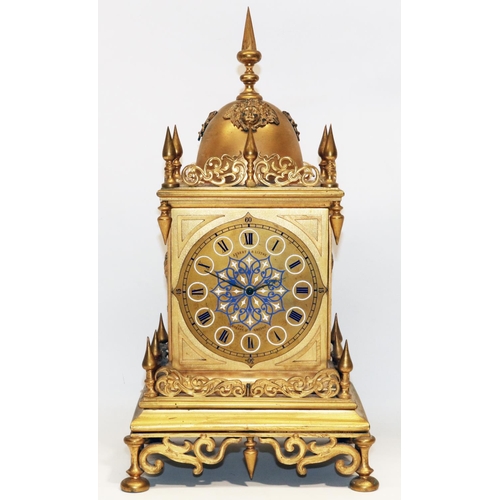 1257 - Aubert & Linton 252 Regent St, London - C19th ormolu and enamel Gothic revival mantel timepiece, the... 