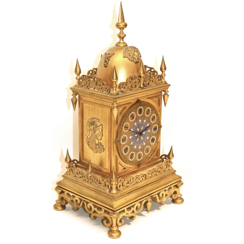 1257 - Aubert & Linton 252 Regent St, London - C19th ormolu and enamel Gothic revival mantel timepiece, the... 