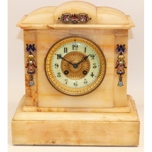 1263 - Japy Freres - Late C19th French cream marble mantle clock, arched top case with applied gilt and ena... 