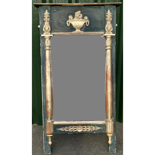 1123 - C19th painted giltwood and gesso pier mirror, upright plate with anthemion and urn frieze enclosed b... 