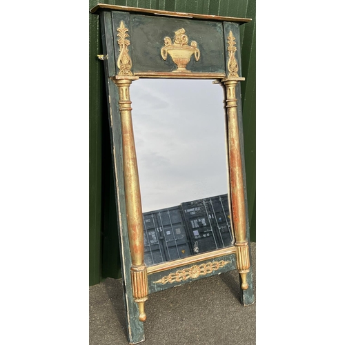 1123 - C19th painted giltwood and gesso pier mirror, upright plate with anthemion and urn frieze enclosed b... 