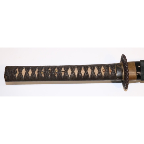 1185 - Japanese signed Shinto Katana, 70cm blade signed to the tang `Tem Kane Yoshi' with pierced iron tsub... 