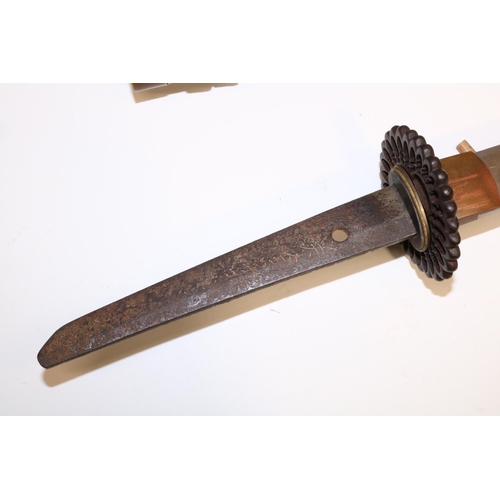 1185 - Japanese signed Shinto Katana, 70cm blade signed to the tang `Tem Kane Yoshi' with pierced iron tsub... 