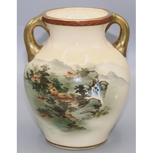 1116 - Early 20th century Japanese Satsuma twin handled vase, decorated a landscape, signed in panel on bas... 