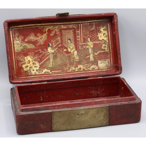 1159 - Early C20th Chinese export red lacquered box, lid internally decorated with figures in a landscape, ... 