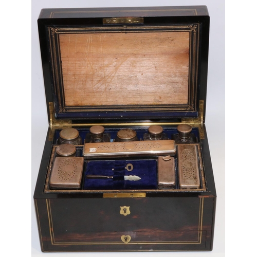 1081 - Victorian coromandel ladies vanity case, 9 silver plate topped clear glass jars and bottles, pull ou... 