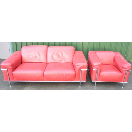 1409 - Le Corbusier style chromed metal framed sofa with textured red leather upholstery, W200 D96cm H74cm ... 