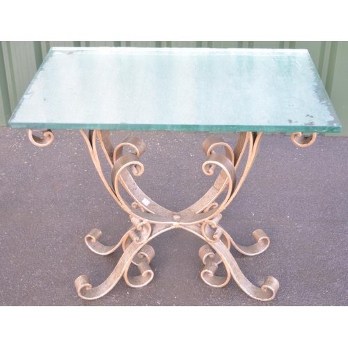 1411 - Mid-century console table, mirrored and textured glass rectangular top on painted wrought metal open... 