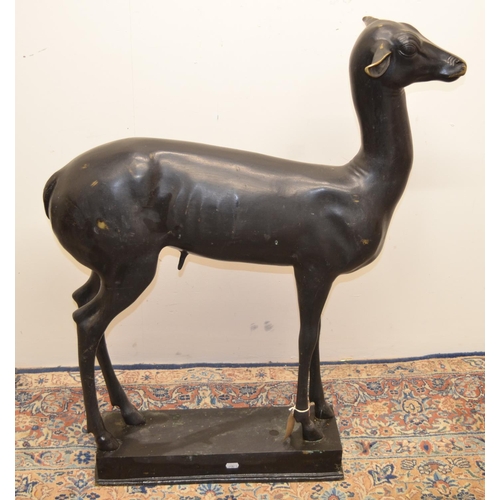 1132 - Large patinated bronze model of a standing male deer, on rectangular base, W78cm H91cm