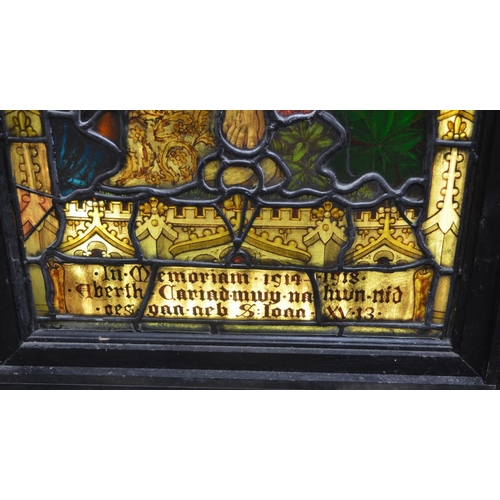 1121 - WW1 Commemorative leaded stained glass panel of the Crucifiction, illuminated in wooden frame, W71cm... 