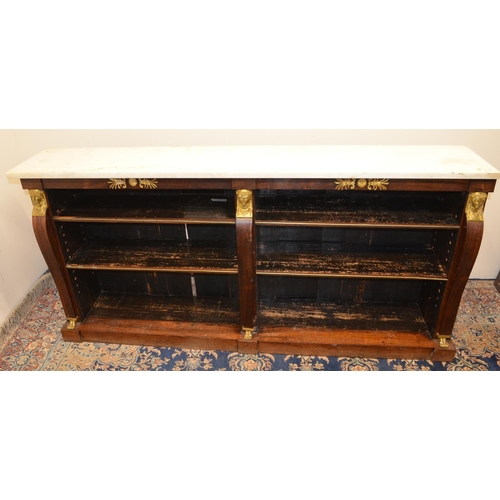 1397 - C19th rosewood low bookcase, with white marble top and anthemnion gilt metal mounted frieze, four ad... 