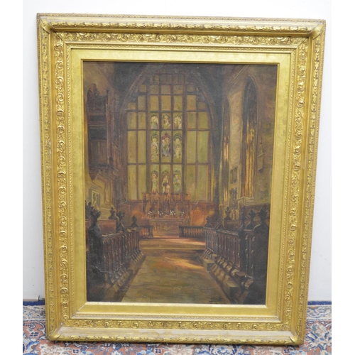 1387 - Rooth (British C20th); Cathedral interior, oil on canvas, signed, 60cm x 45cm