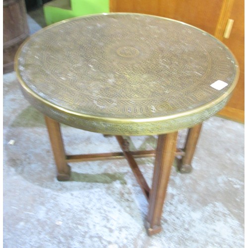 1361 - C20th chair formerly barrel with lift up seat and a Bernese brass topped occasional table with foldi... 