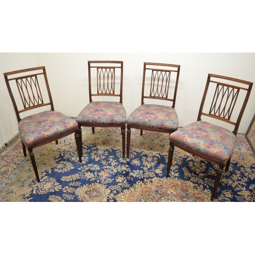 1432 - Set of four Edwardian rosewood Salon chairs, shaped backs with crossed openwork splats, seats uphols... 