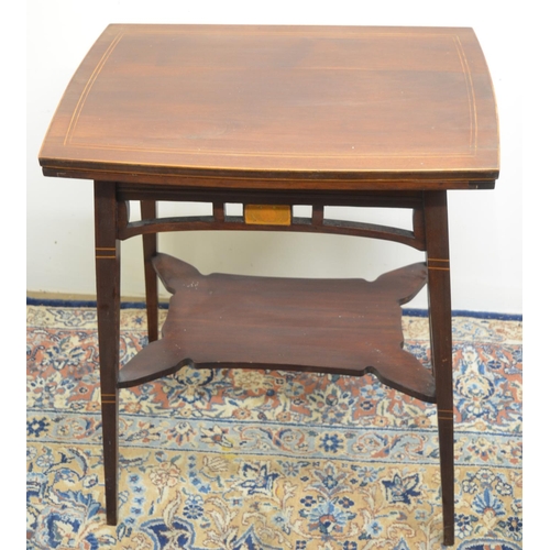 1436 - Liberty style boxwood strung mahogany card table, rectangular swivel folding baize lined top above p... 