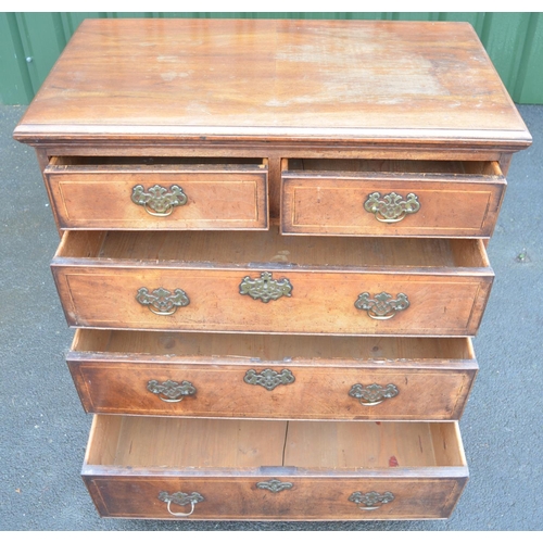 1426 - Queen Anne style walnut chest, moulded top above two short and three long cockbeaded boxwood strung ... 