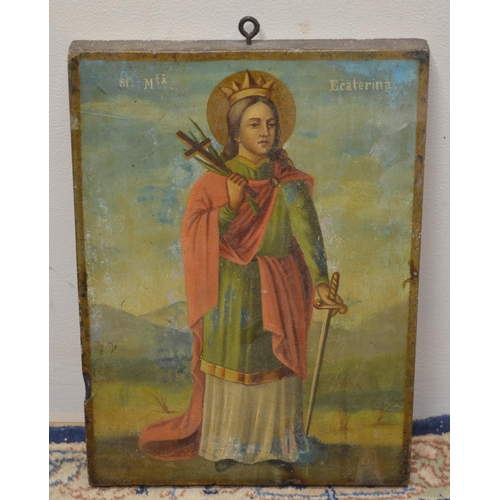 1157 - Late C19th icon of Catherine of Alexandria, full length oil on wood panel, unframed in gilt border, ... 